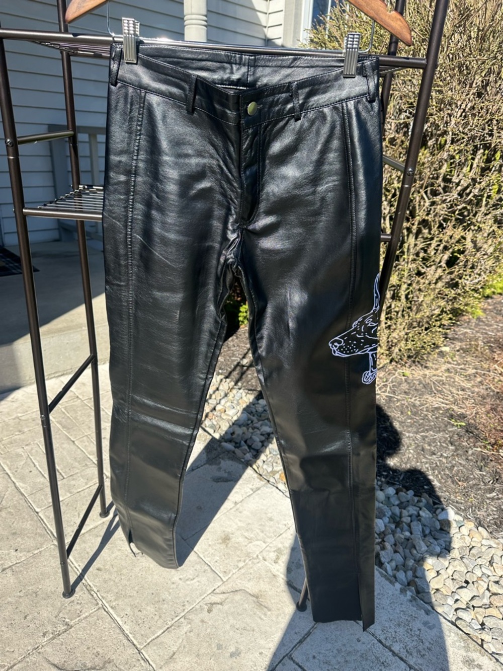 Black Faux Leather Skinny Pants with Side Graphic